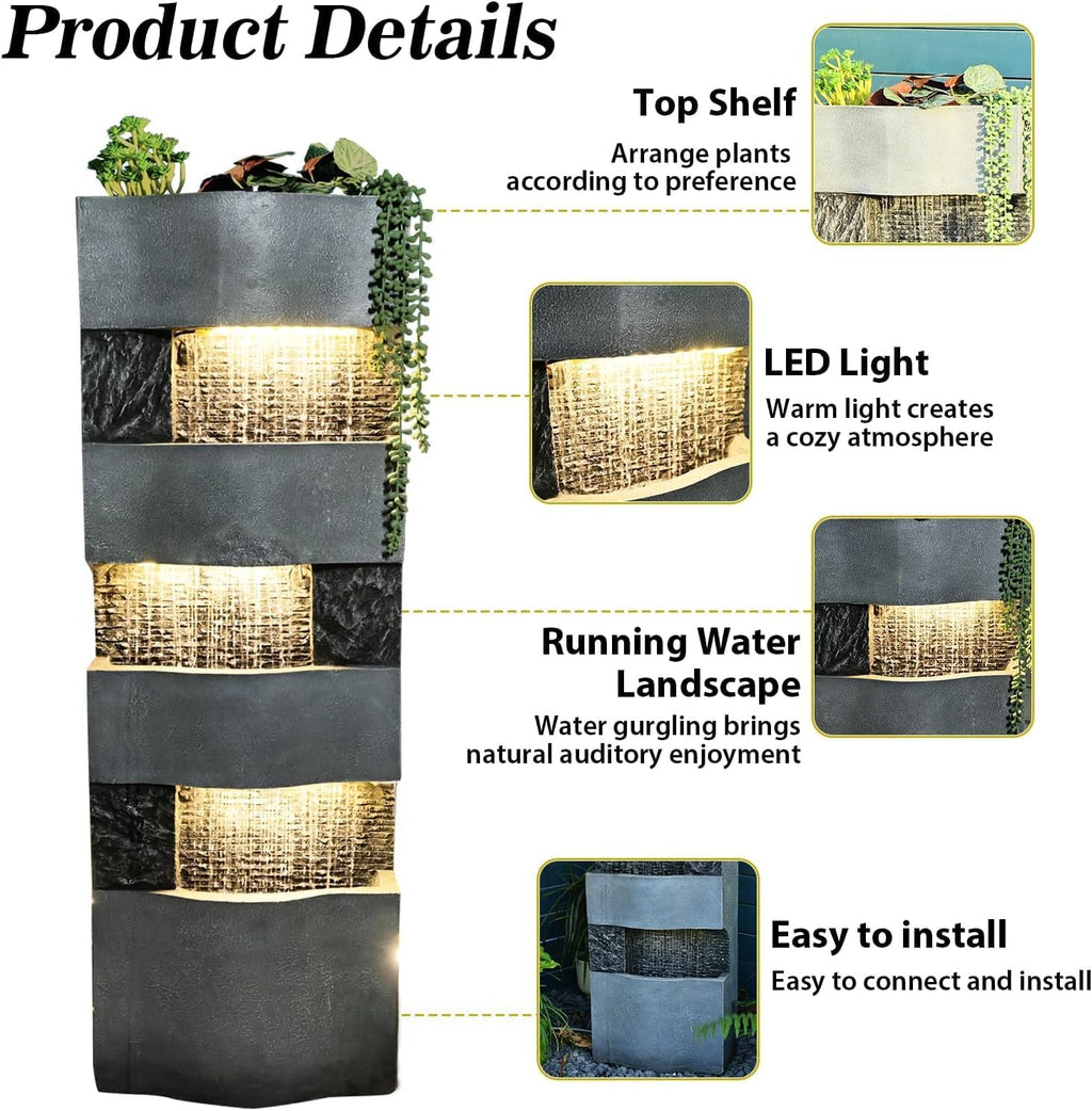 Sunlinua 40.5' H Modern Outdoor Water Fountain with LED Lights – Tall Garden Waterfall Fountain for Patio, Yard, Landscape or Indoor Decor, 4 Tiers Floor Standing Waterfall Outdoor Fountains