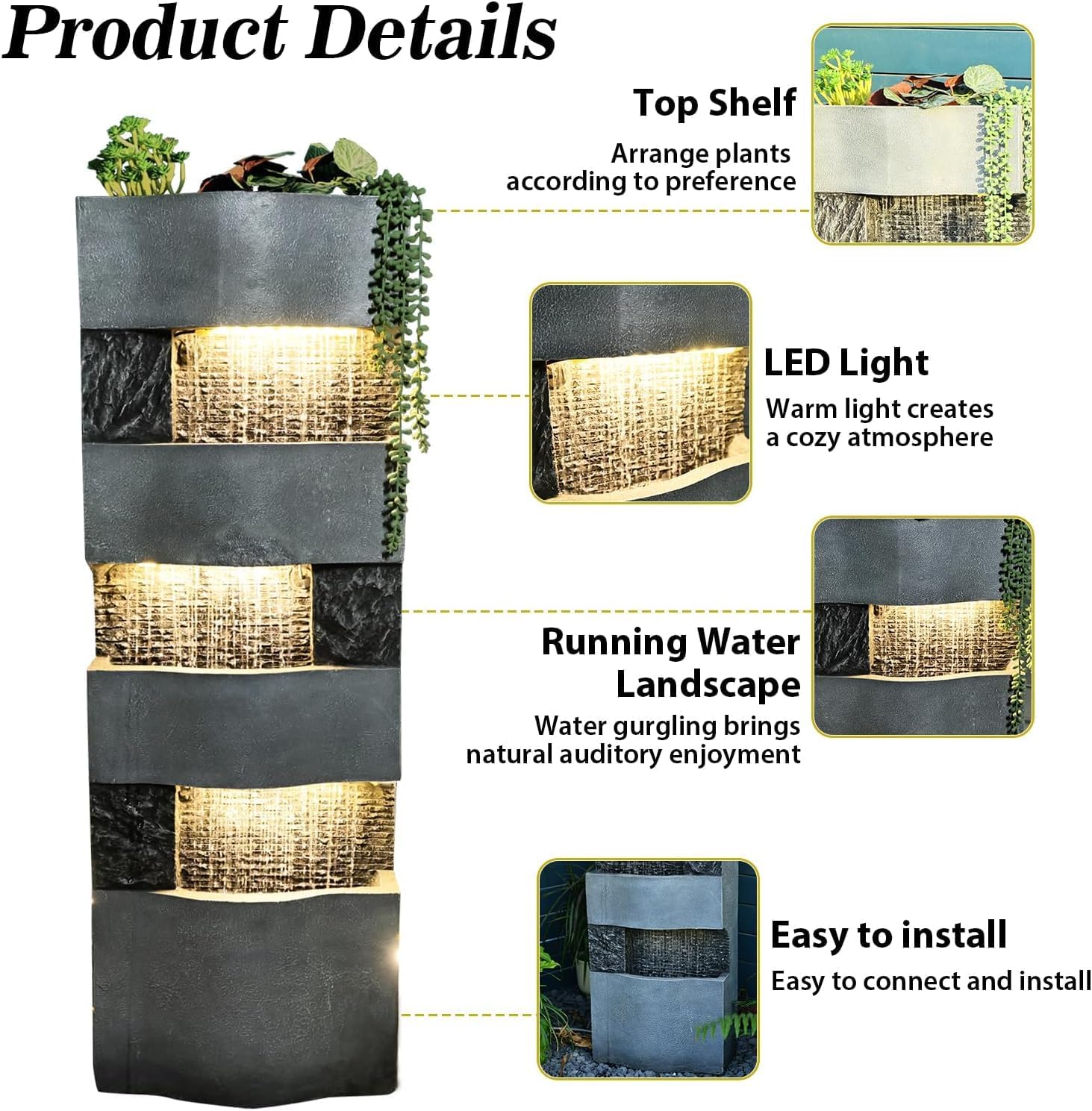 Sunlinua 40.5' H Modern Outdoor Water Fountain with LED Lights – Tall Garden Waterfall Fountain for Patio, Yard, Landscape or Indoor Decor, 4 Tiers Floor Standing Waterfall Outdoor Fountains