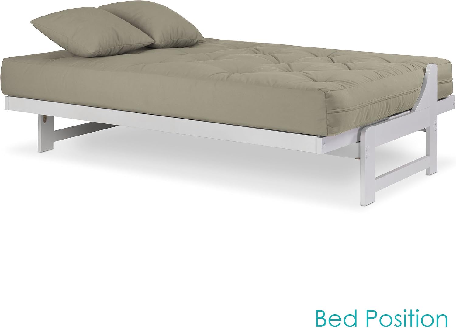 Nirvana Futons Arden White Futon Set Full or Queen Size - Armless Wood Futon Frame with Mattress Included (Twill Khaki), Space Saving Modern Sofa Bed Sleeper