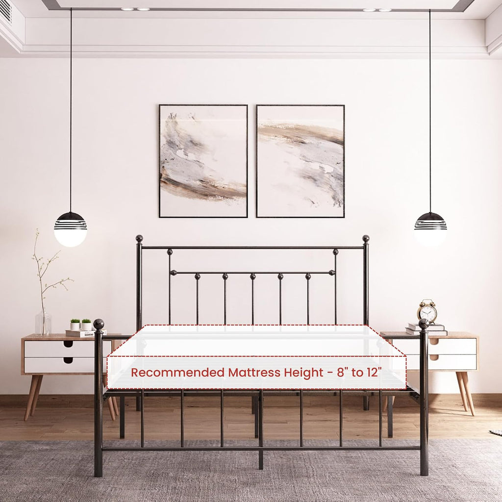 Golden Gate Beds Victorian Style Metal Platform Bed Frame with Antique Wrought Iron-Art Headboard and Footboard, Classic Cama Steel Mattress Foundation, No Box Spring Needed, Queen Size, Black Finish
