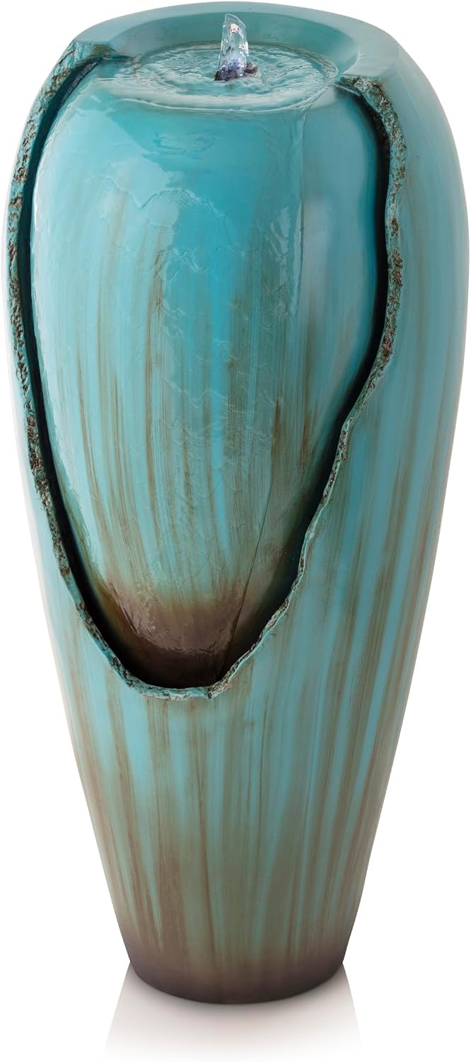 Alpine Corporation 33' Tall Outdoor Antique Jar Water Fountain, Vintage Cascading Design with LED Lights, Garden, Patio & Yard Decor, Turquoise