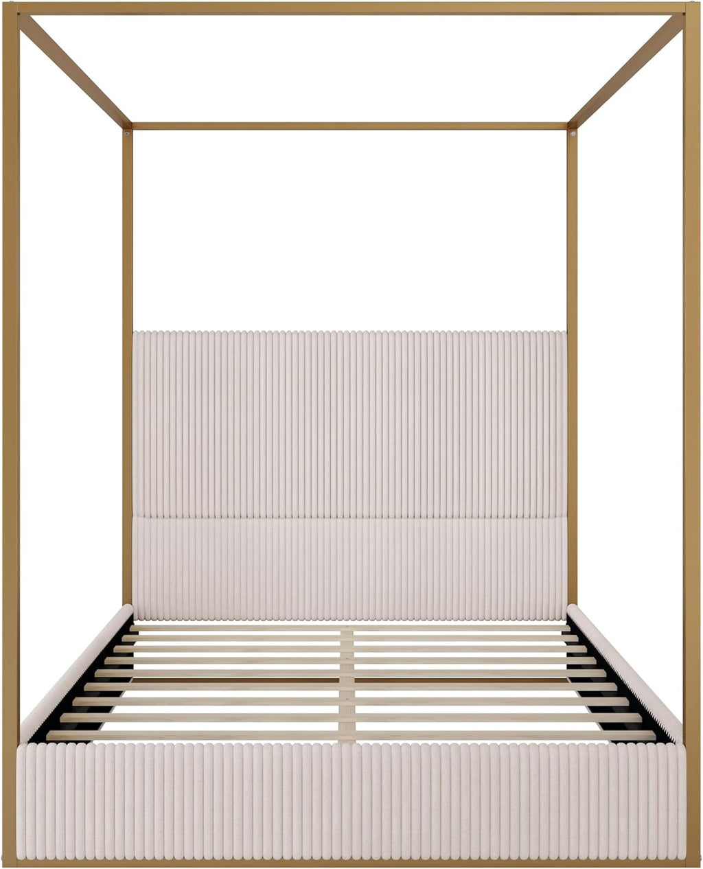 Queen Size Metal Canopy Bed with Tall Upholstered Channel Headboard and Gold 4 Poster, No Box Spring Needed (Beige+Gold, Queen)