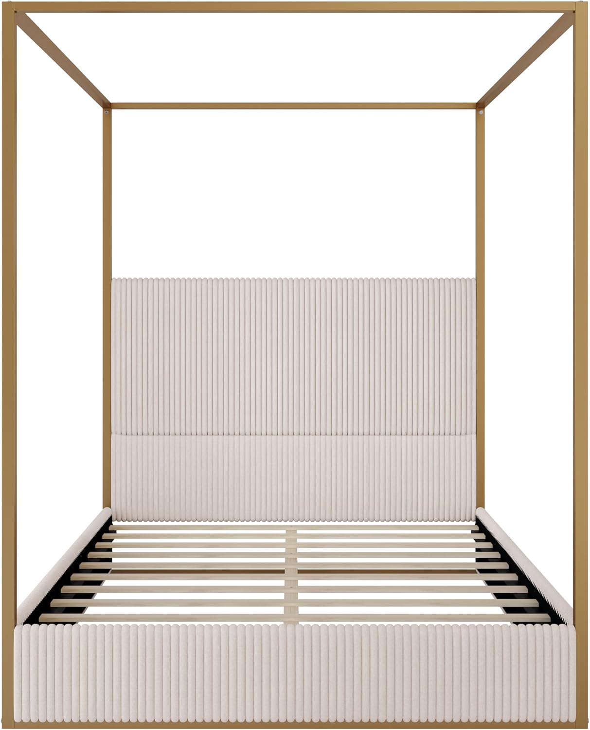 Queen Size Metal Canopy Bed with Tall Upholstered Channel Headboard and Gold 4 Poster, No Box Spring Needed (Beige+Gold, Queen)