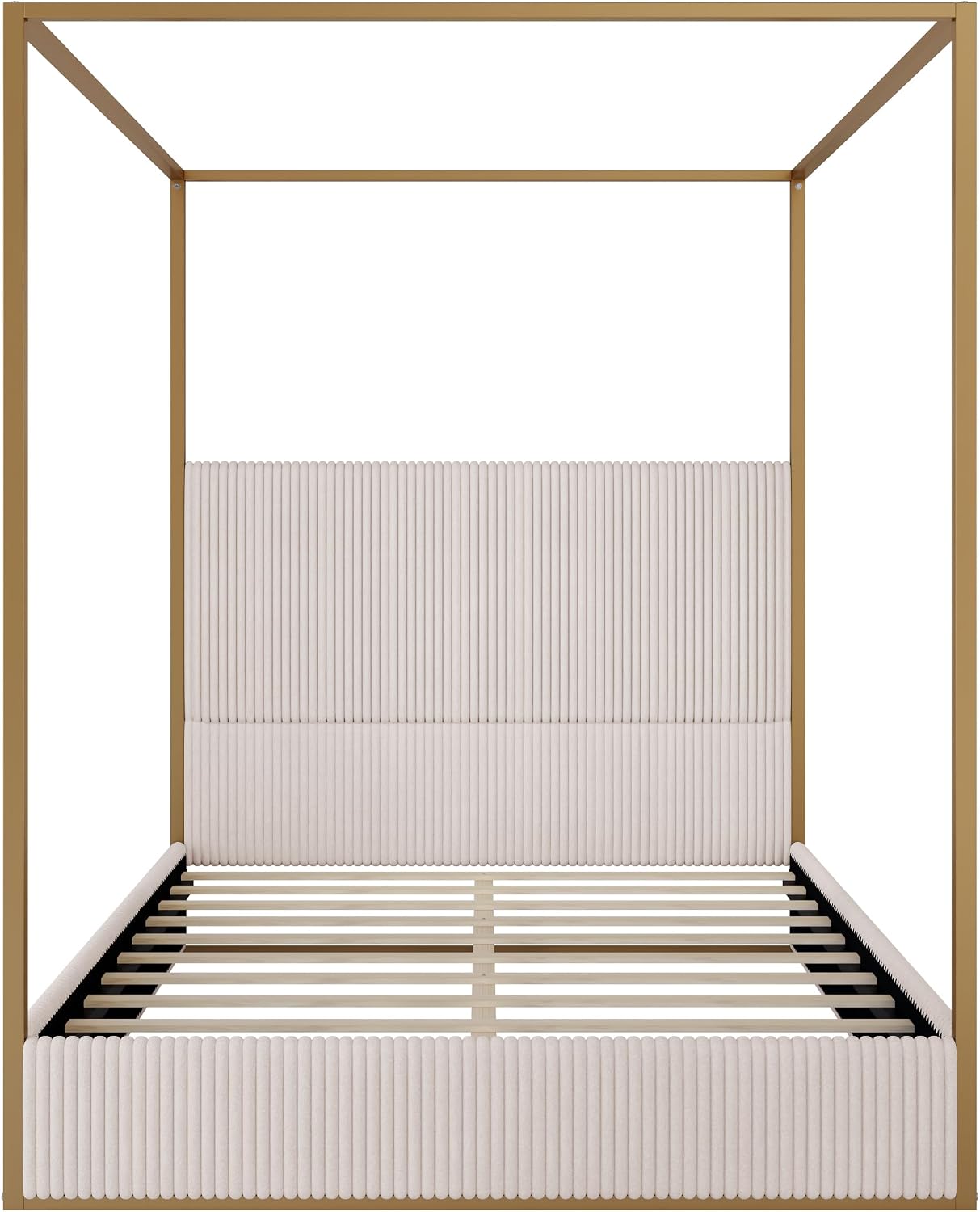 Four Poster Queen Bed Frame - Modern Metal Canopy Design with Tall Upholstered Headboard, Luxury Master Bedroom Furniture (Beige,Gold, Queen)