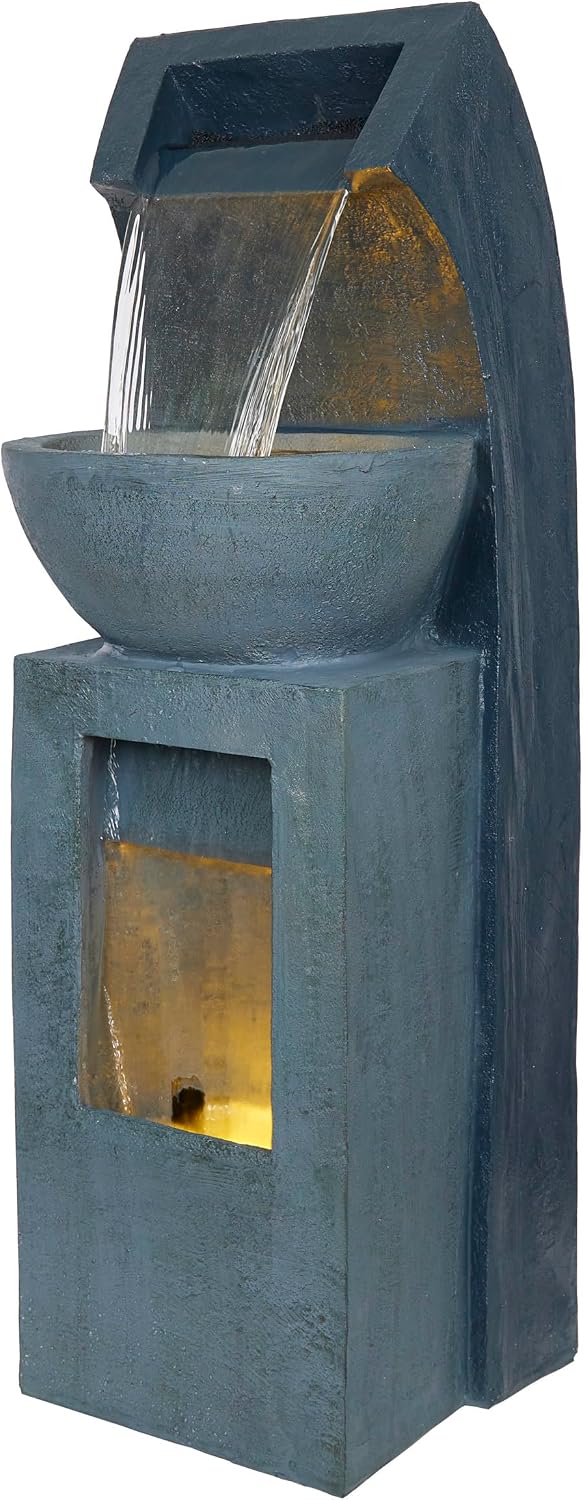 Alpine Corporation 41' Tall Outdoor Basin Waterfall Floor Fountain with LED Lights for Garden, Patio, Lawn and Backyard Decor, Gray