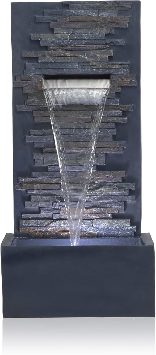 Alpine Corporation 32' Cascading Stone Wall Fountain with LED Lights – Outdoor Water Feature for Garden, Patio, Backyard & Home Decor, Gray