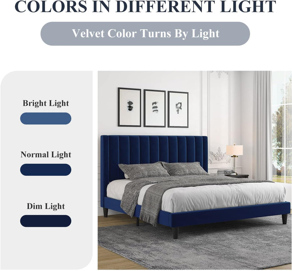 Allewie Queen Platform Bed Frame/Velvet Upholstered Bed Frame with Vertical Channel Tufted Headboard/Strong Wooden Slats/Mattress Foundation/Box Spring Optional/Easy Assembly/Navy Blue