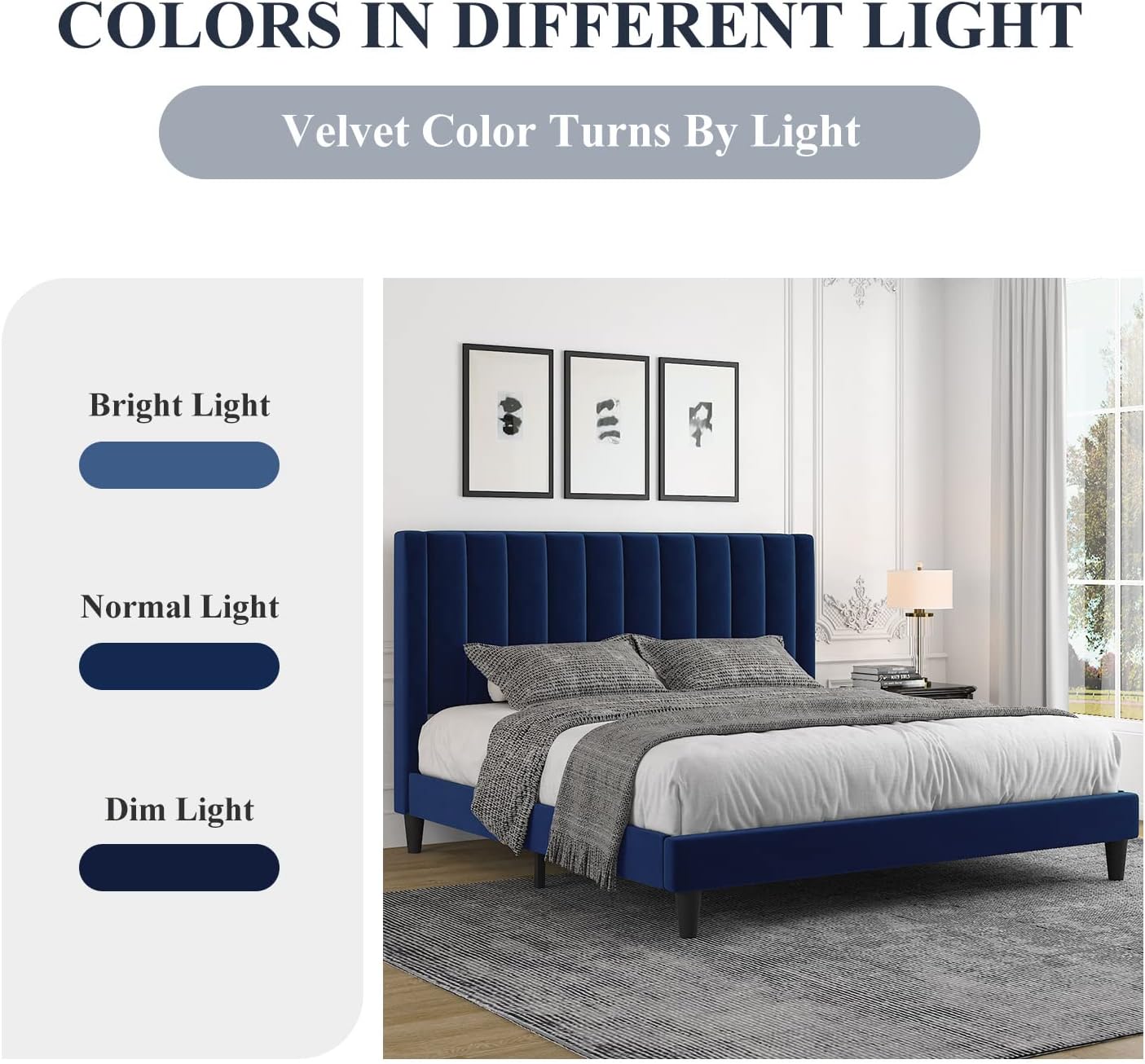 Allewie Queen Platform Bed Frame/Velvet Upholstered Bed Frame with Vertical Channel Tufted Headboard/Strong Wooden Slats/Mattress Foundation/Box Spring Optional/Easy Assembly/Navy Blue