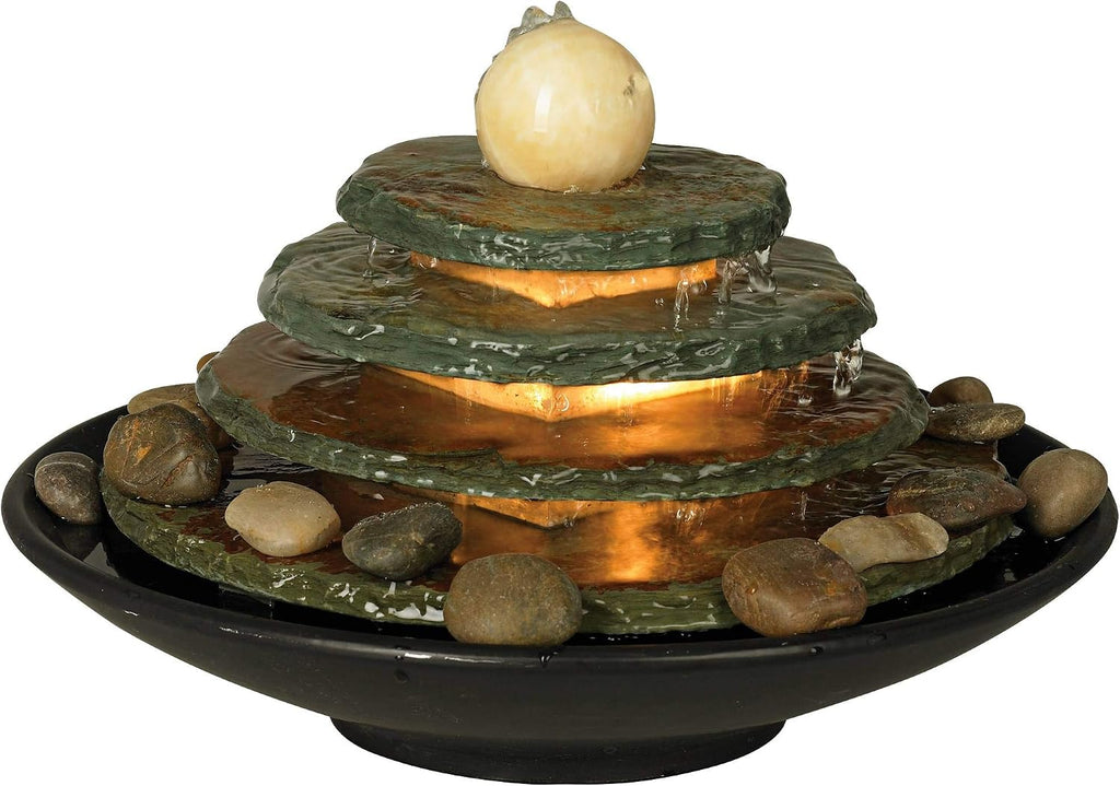 Pyramid 10' High Small Zen Modern Indoor Decor Slate Stone Tabletop Fountain with Light Waterfall Feng Shui Ball Rock Water Feature for Desk Relaxation Bedroom Living Room Countertop - John Timberland