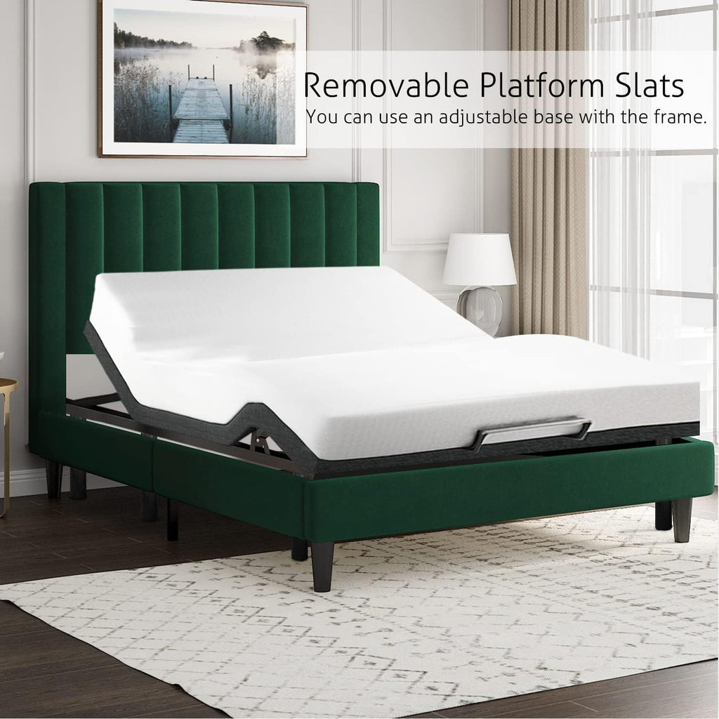 SHA CERLIN Queen Bed Frame/Velvet Upholstered Platform Bed Frame with Headboard/Strong Wood Slats Support/Mattress Foundation/No Box Spring Needed - Green