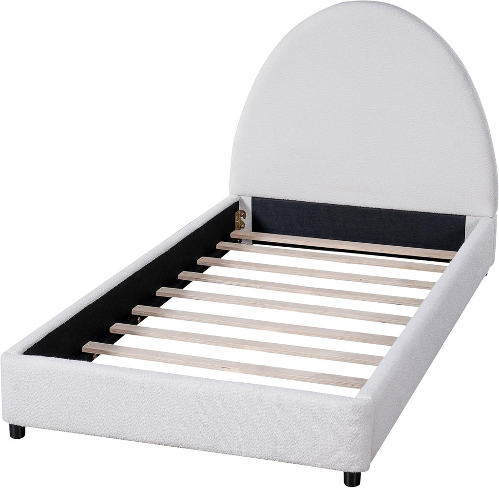 JIVOIT Modern Twin Size Bed Frame with Curved Round Headboard, Boucle Upholstered Platform Bed Frame with Sturdy Support Slats, No Box Spring Needed