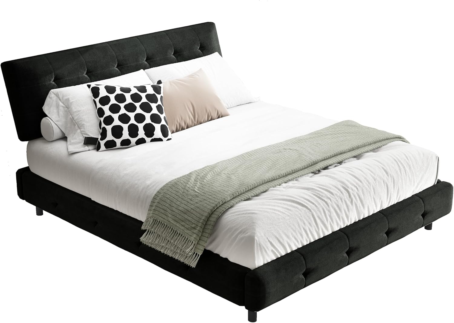 Queen Size Platform Bed Frame, Tufted Headboard with Extra-Large Ultra-Soft Cloud Pillow Design, Chenille Platform Bed with Metal and Wooden Slats Double Support, No Box Spring Needed (Black-Queen,7)