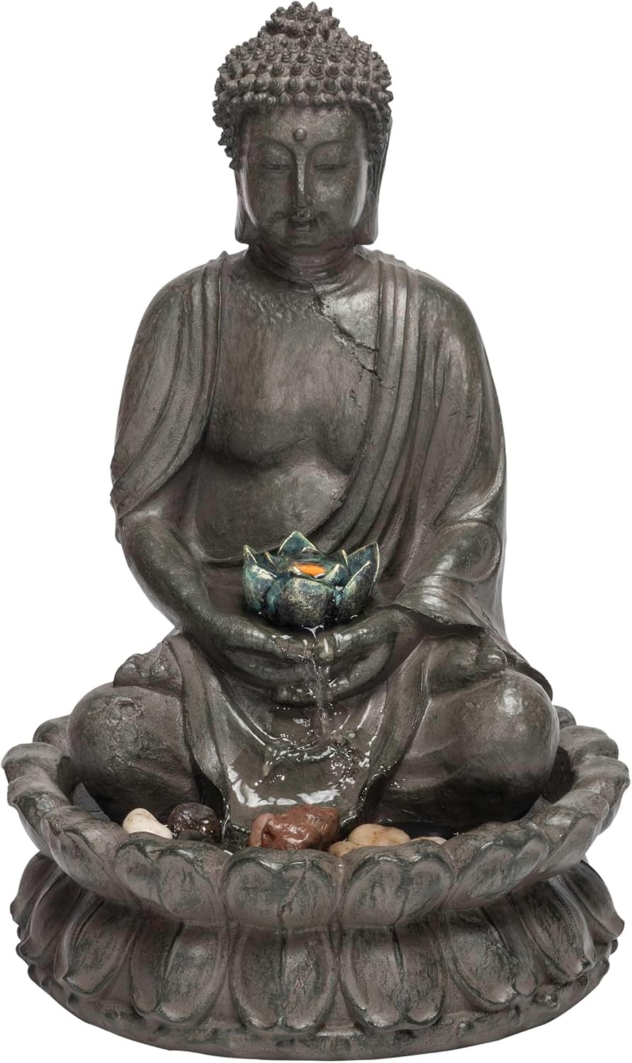 Alpine Corporation GEM178 Indoor Tabletop Meditating Buddha Water Fountain with LED Lights and Lotus Flower, 19', Beige