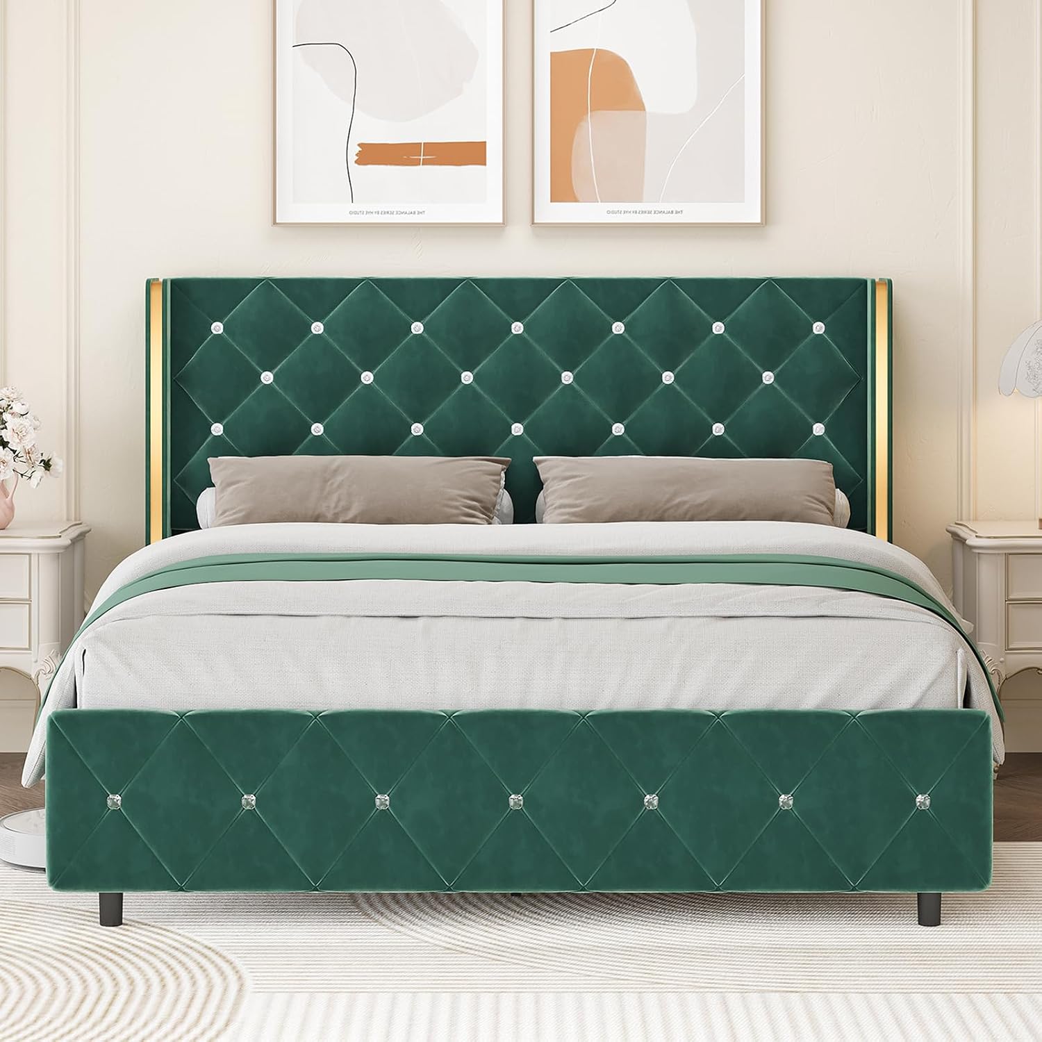 HOMBCK Queen Size Bed Frame, Velvet Upholstered Bed Frame with Wingback and Diamond Headboard, Wood Slat Support, No Box Spring Needed, Easy Assembly, Green