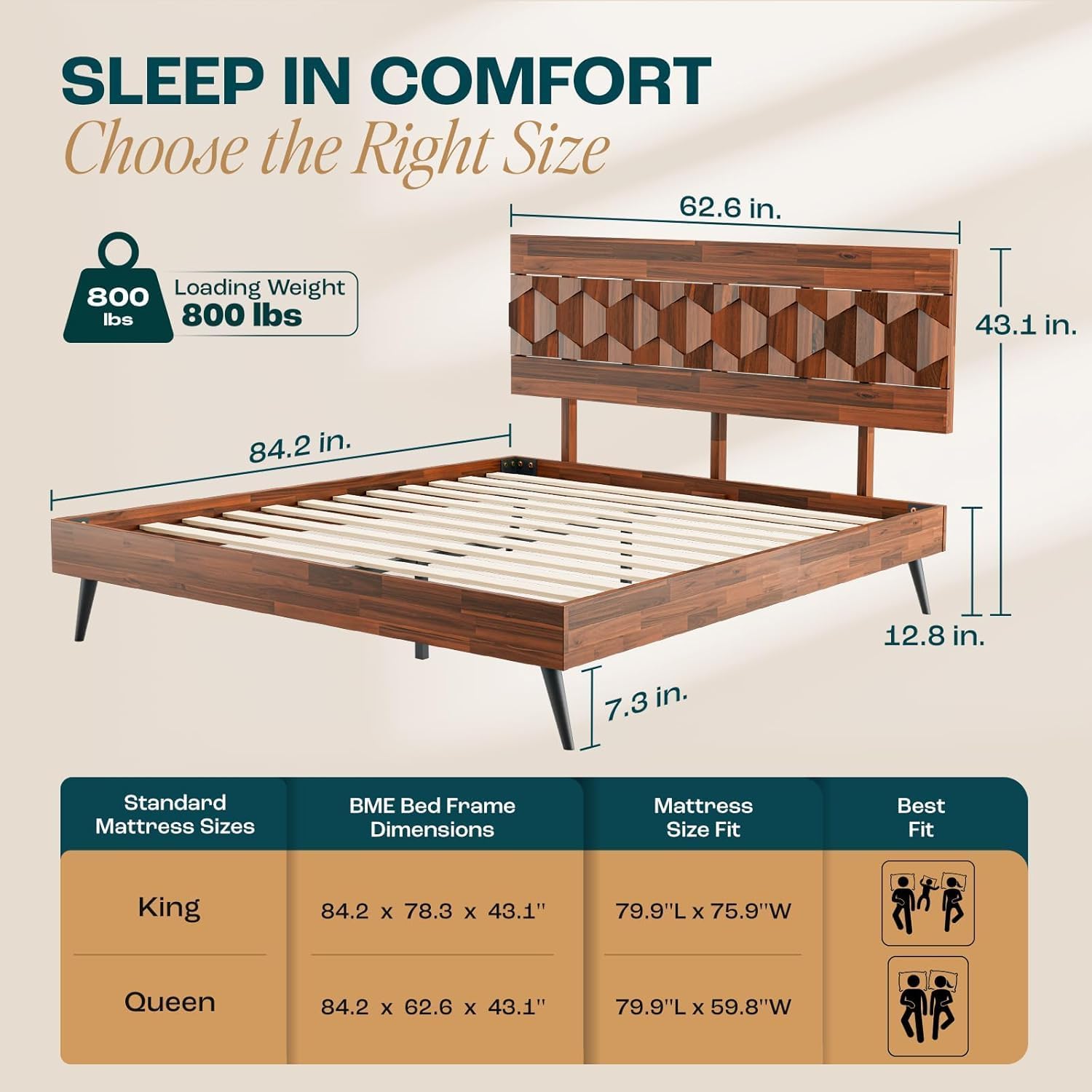 Bme Georgina Queen Bed Frame and Headboard, Signature Handcrafted Geometric Design, US Patent Pending Design, Solid Wood, No Box Spring Needed, 12 Strong Wood Slats Support, Easy Assembly, Dark Choco