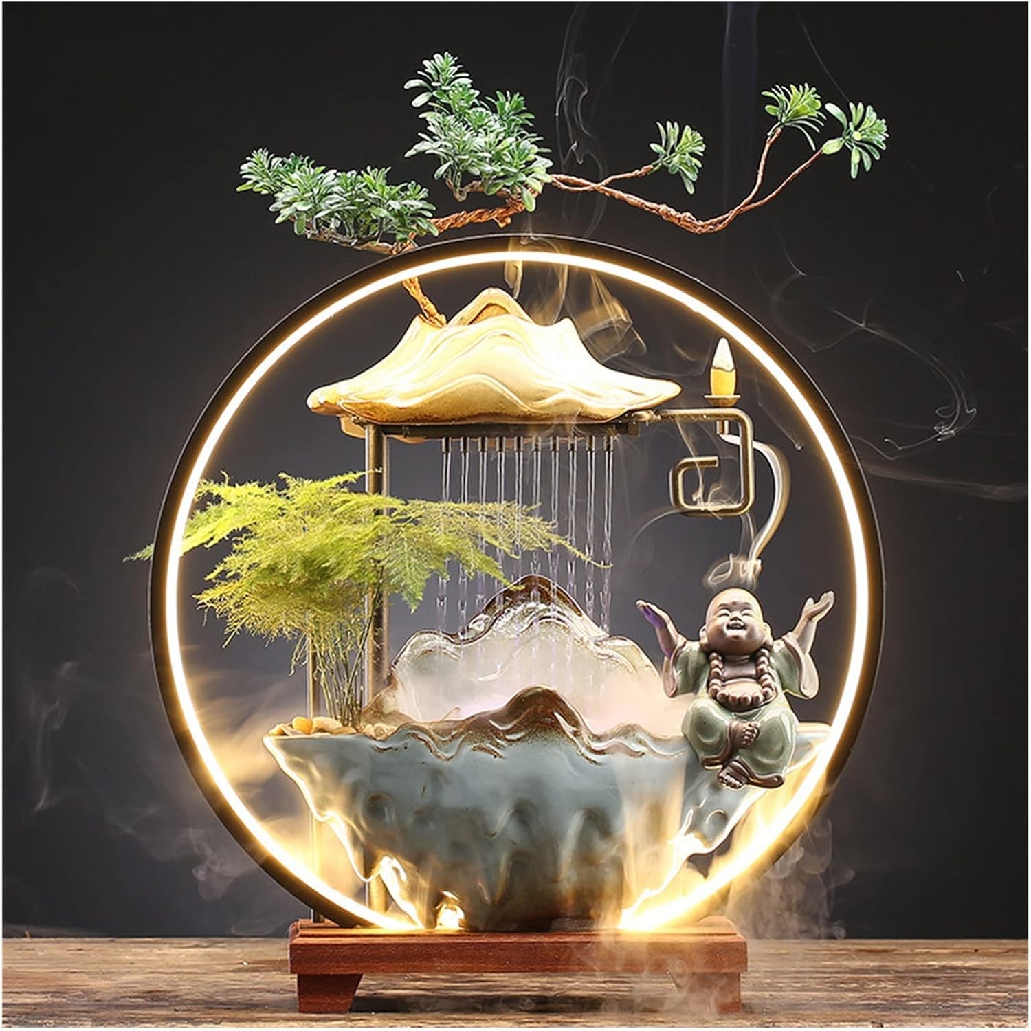 Ceramics Indoor Water Fountains Home Lucky Circulation Flowing Water Ornament Living Room Desktop Office Fountain with Mist and Backflow Incense Holder (Color : A)