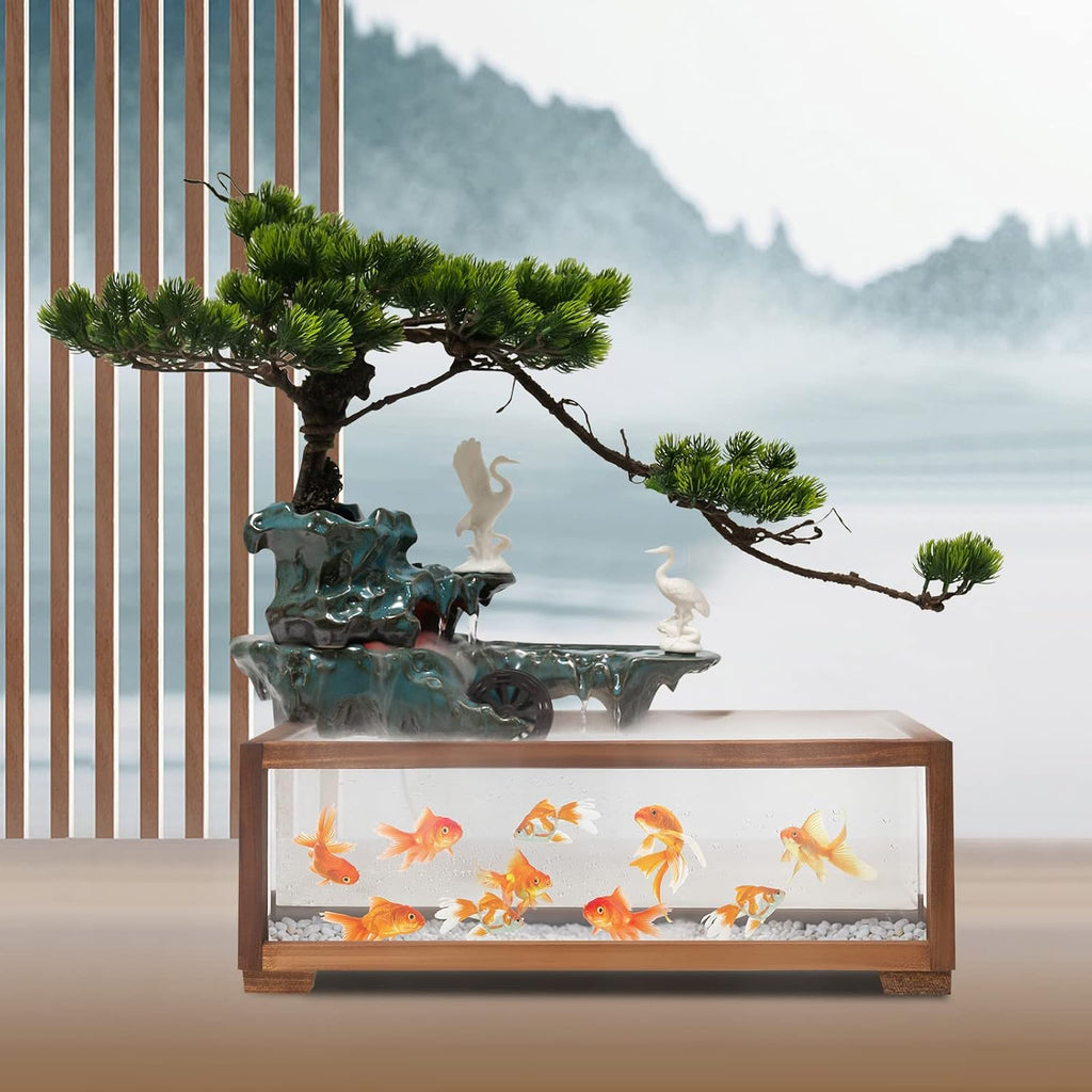 Tabletop Fountain with LED Light,Fish Tank,Artificial Landscape Tabletop Fountain with Pump|Atomizer,for Indoor Outdoor Decoration,Stress Relief,Meditation,Wealth Boom (Tree|Large Fish Tank)
