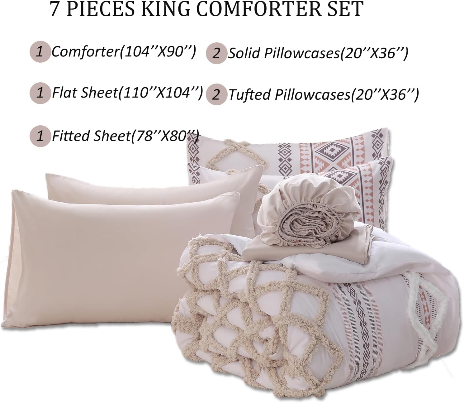 MOVE OVER Beige Tufted Comforter Set King Size 7 Pieces Boho Chic Farmhouse Bedding Set Bohemian Aztec Comforter Set and Sheet Set Modern Style Tufted Bedding Set for All Seasons