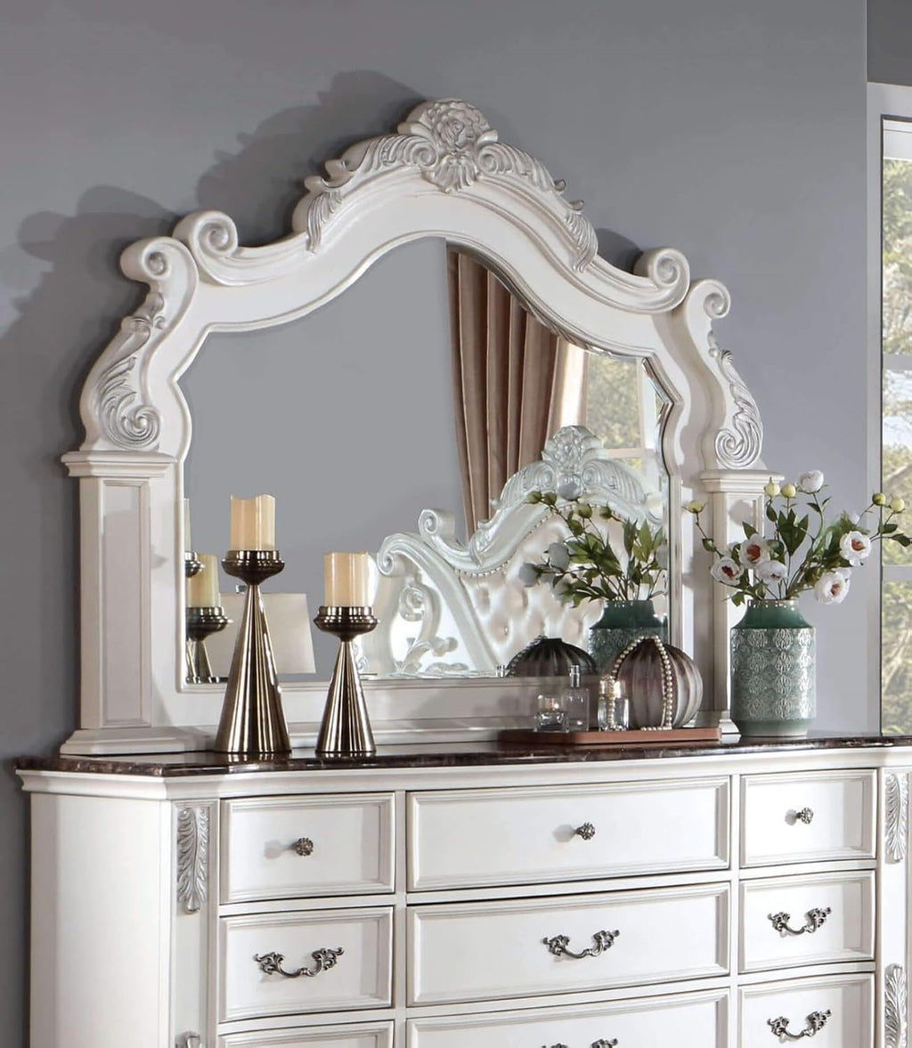 MASARA 4-Piece Traditional Queen Bedroom Set in Pearl White Finish, Engineered Leatherette, Marble, Polyresin, Solid Wood, Others