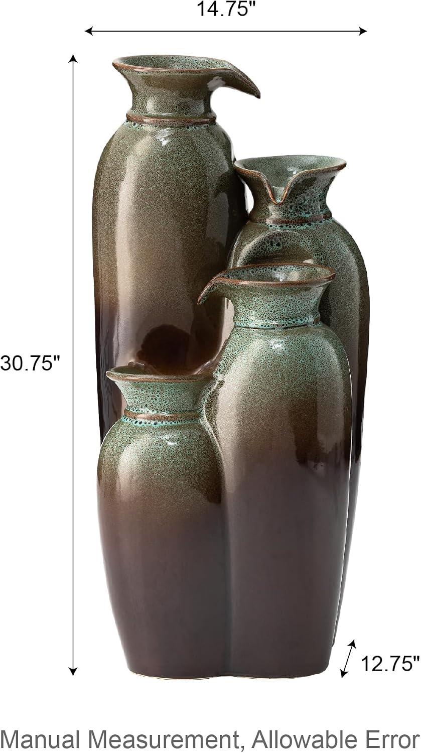 Glitzhome 30.75' H Vase Ceramic Outdoor Water Fountain with LED Lights and Pump, 4-Tier Olive Green and Brown Reactive Glaze Cascading Pots Standing Fountain for Porch Deck Garden Patio Backyard