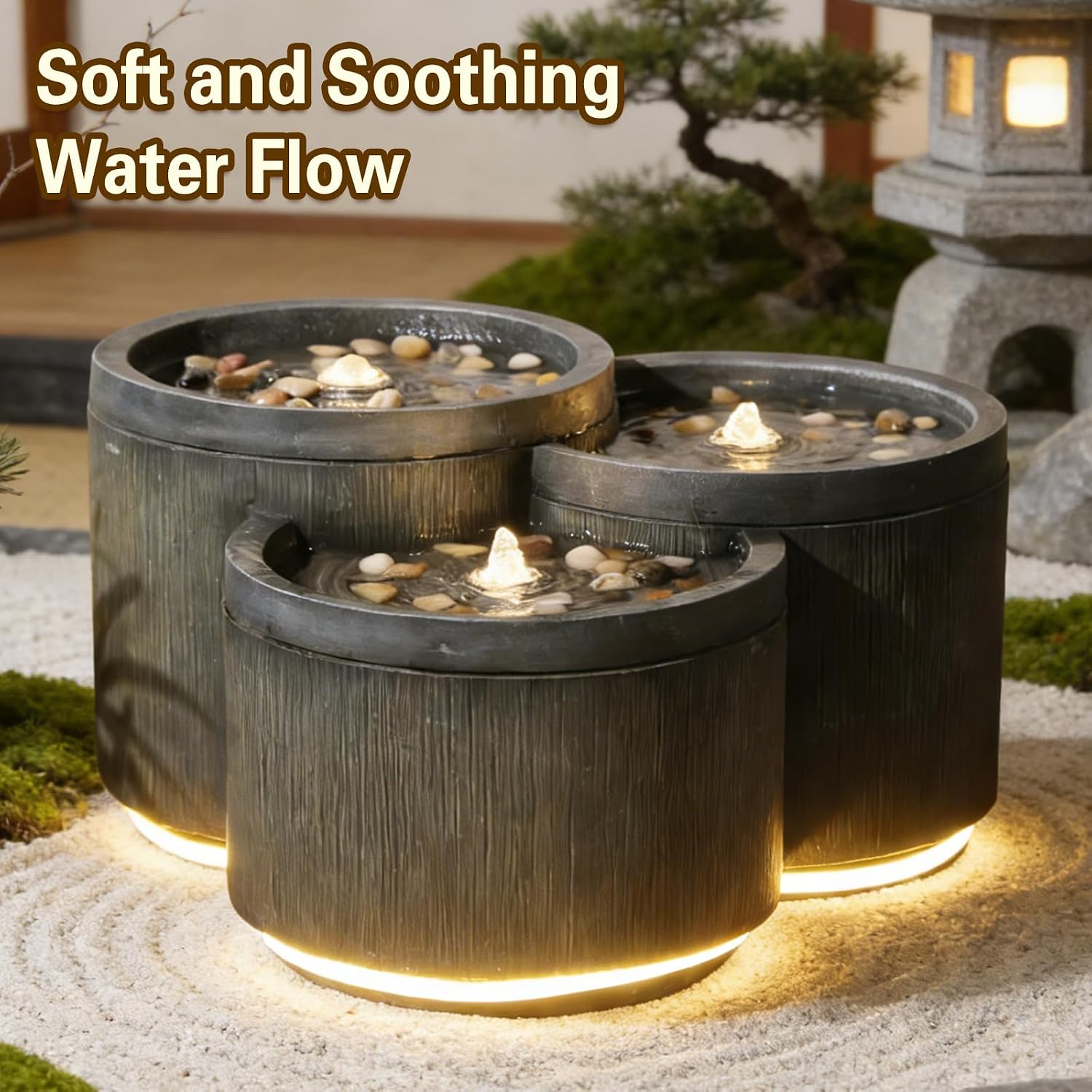 Sunlinua Small Modern Outdoor Water Fountain with 3 Led Lights Tiered Cascading Waterfall Feature with Quiet Pump Floor Water Fountain for Patio Garden Backyard Home and Indoor Décor Black Gray