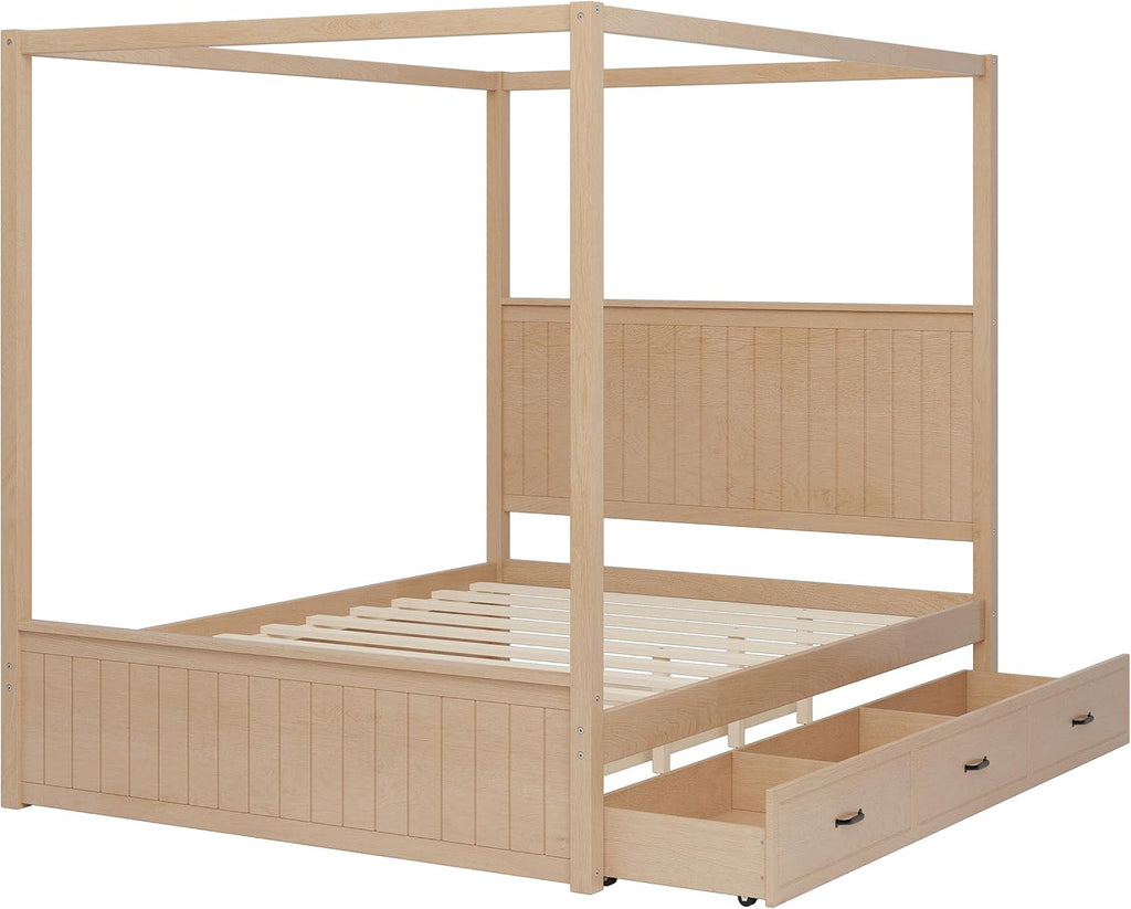 Queen Size Canopy Bed with Trundle and Three Storage Drawers, 4-Post Wood Bed Frame with Headboard, No Box Spring Needed (Natural)