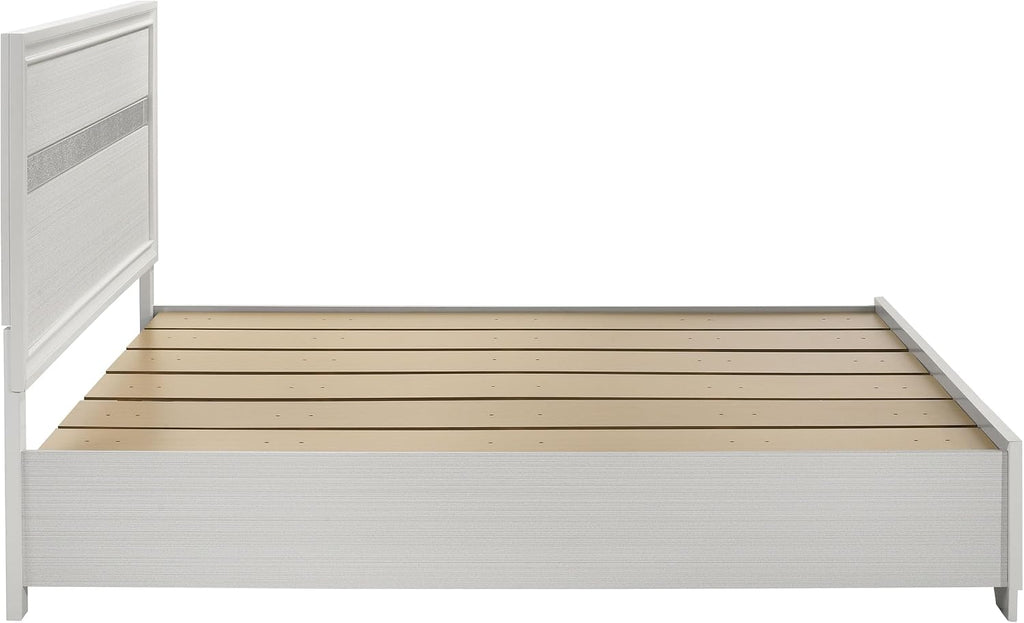 BOWERY HILL King Storage Panel Bed, 50.25' H x 79.25' W x 83.75' D, Asian Hardwood and Particle Board, White and Rhinestone Finish, 2 Drawers, Contemporary Style, Box Spring Required