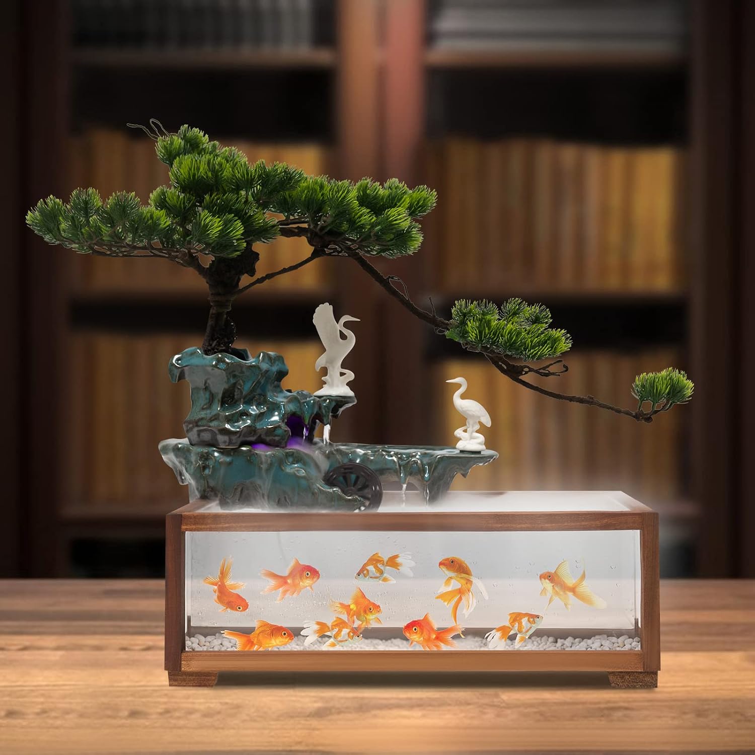 Tabletop Water Fountains Indoors with LED Light, Fake Plants，Rockery and Aquariums Water Fall Indoor for Living Room Office Decor (Fish Tank Size: 17.7L x 8.3W x 6H Inch