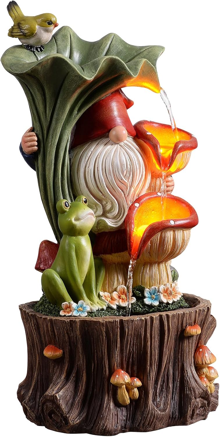 Kalona Gnome Outdoor Waterfall Fountain with LED Lights, Resin Tree Stump Waterfall Fountain for Patio Balcony Yard, 21' Tall Garden Water Feature 25007