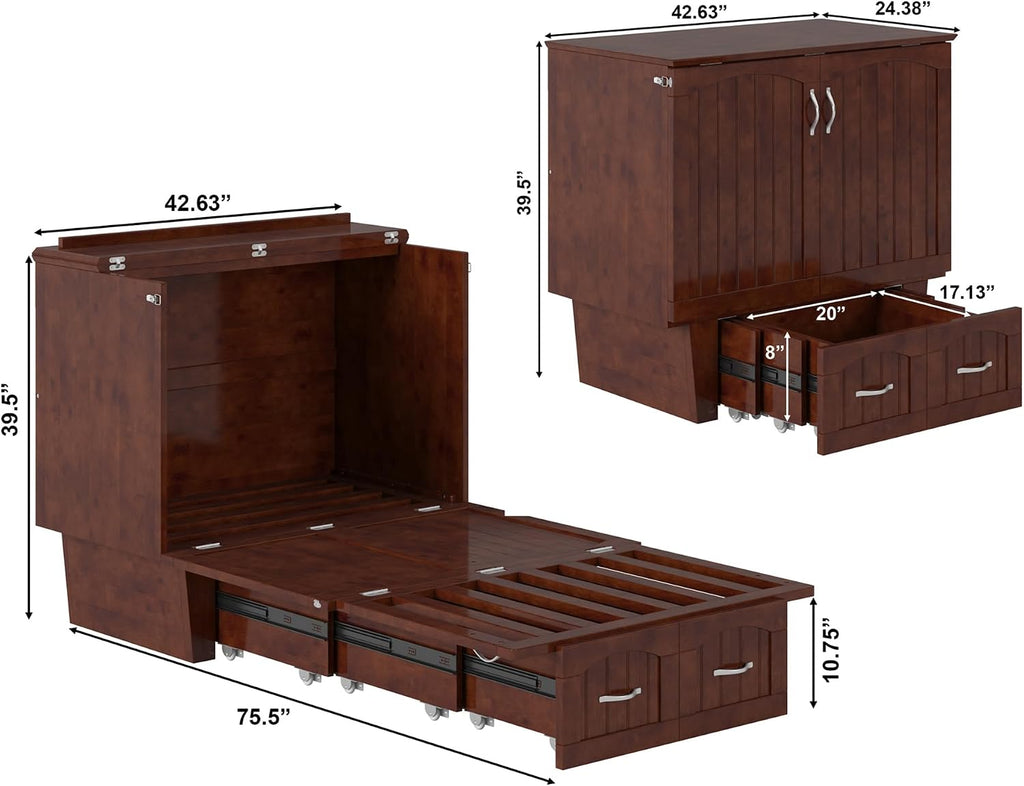 AFI, Nantucket Twin Murphy Bed Chest with Mattress, Storage Drawer, and Built-in USB Charger, Walnut