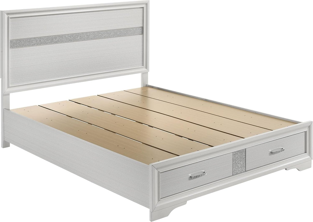 BOWERY HILL Modern Queen Storage Panel Bed, Asian Hardwood and MDF, White/Rhinestone Finish, Built-in Footboard Drawers, Contemporary Design, Glamorous Bedroom Furniture, 50.25 in H x 63.5 in W x