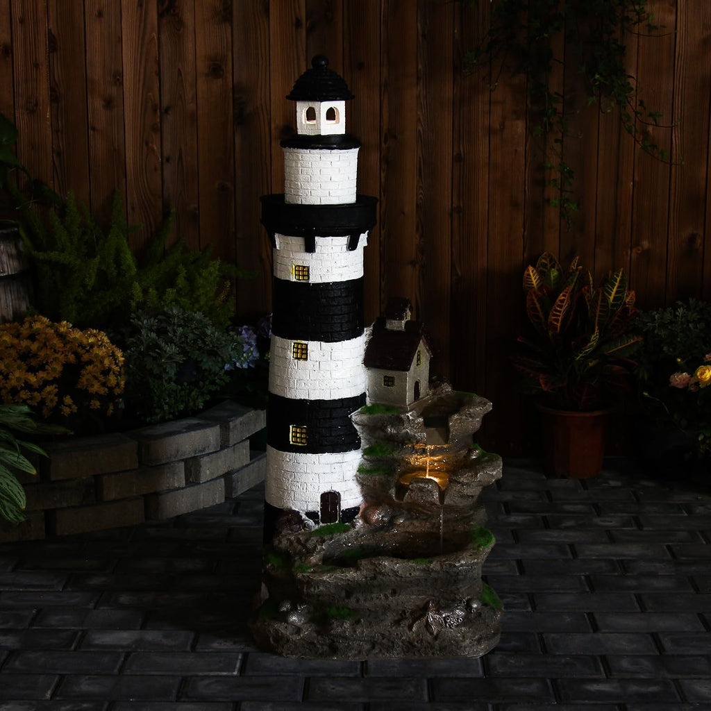 YZM Outdoor Lighthouse Waterfall Fountain 38.58' Tall 3-Tiered Rock Water Feature with LED Lights for Patio, Backyard, or Garden Décor