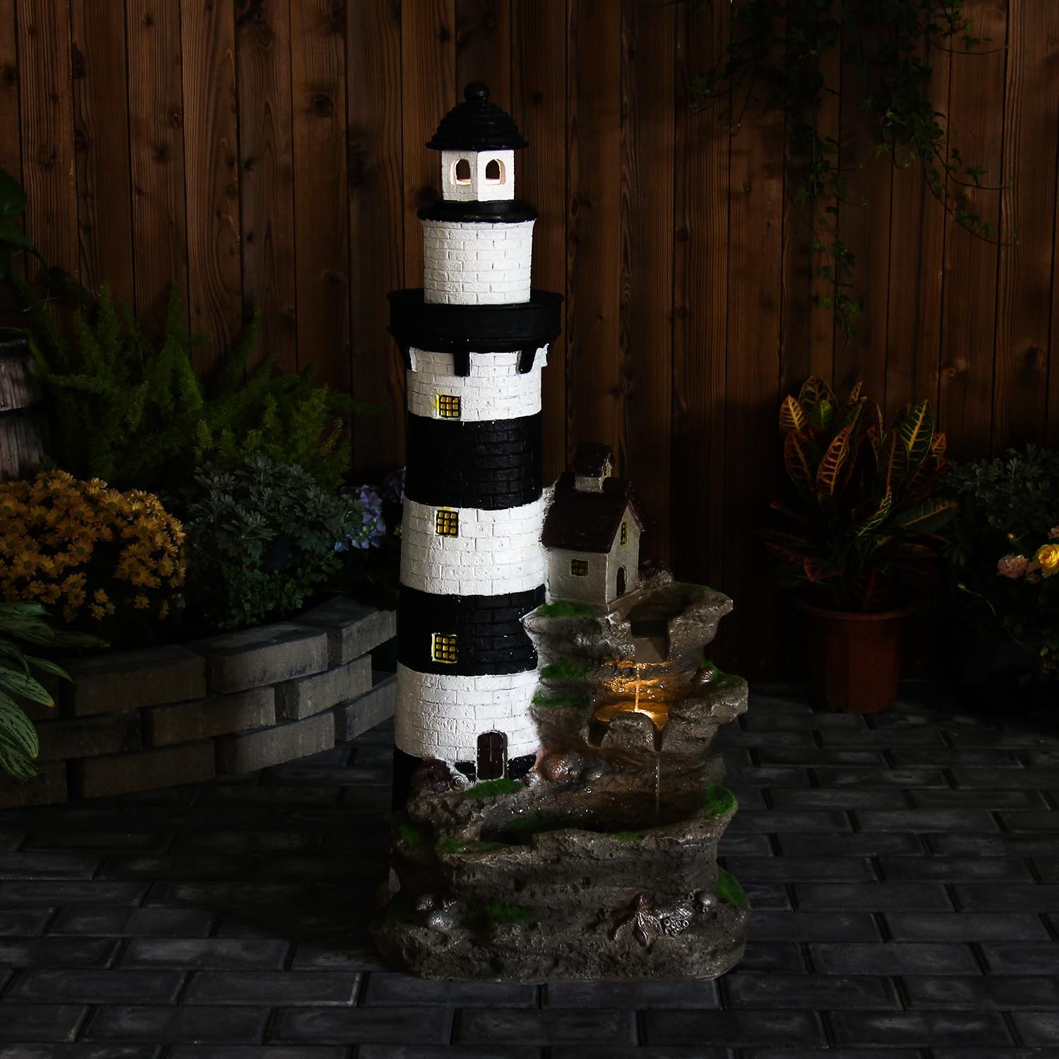 YZM Outdoor Lighthouse Waterfall Fountain 38.58' Tall 3-Tiered Rock Water Feature with LED Lights for Patio, Backyard, or Garden Décor