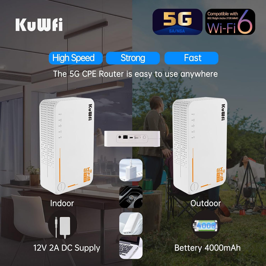 KuWFi 5g Router with sim Card Slot Unlocked,AX3600 WiFi-6 Modem with Sim Card Slot,NR NSA/SA 5G NR SA NSA AX3000 WiFi 6 CPE Router with Battery use for Outdoor and Indoor