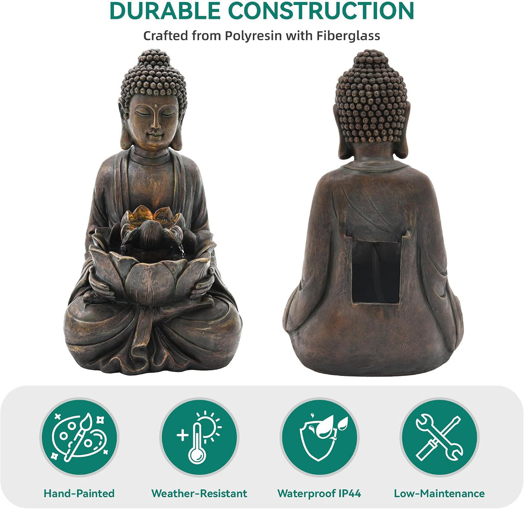 29' Outdoor Fountain, Zen Meditating Buddha Water Feature with LED Lights, Resin Lotus Soothing Cascading Waterfall for Patio, Backyard, Garden or Porch