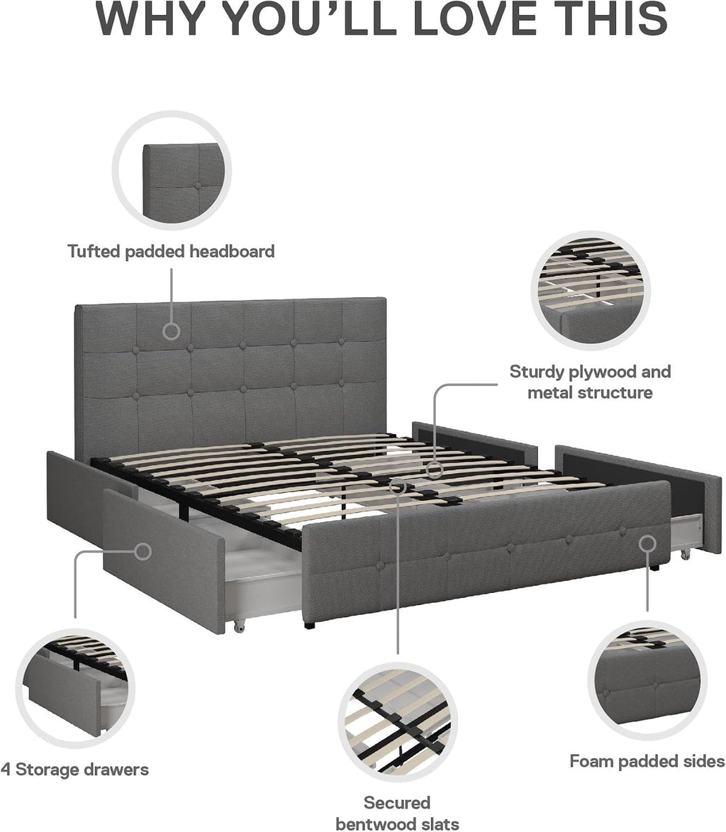 DHP Rose Upholstered Platform Bed with Underbed Storage Drawers and Button Tufted Headboard and Footboard, No Box Spring Needed, Queen, Gray Linen