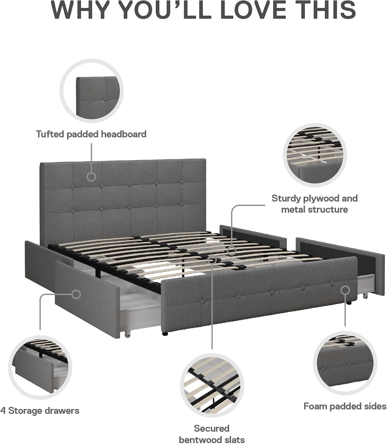 DHP Rose Upholstered Platform Bed with Underbed Storage Drawers and Button Tufted Headboard and Footboard, No Box Spring Needed, Queen, Gray Linen