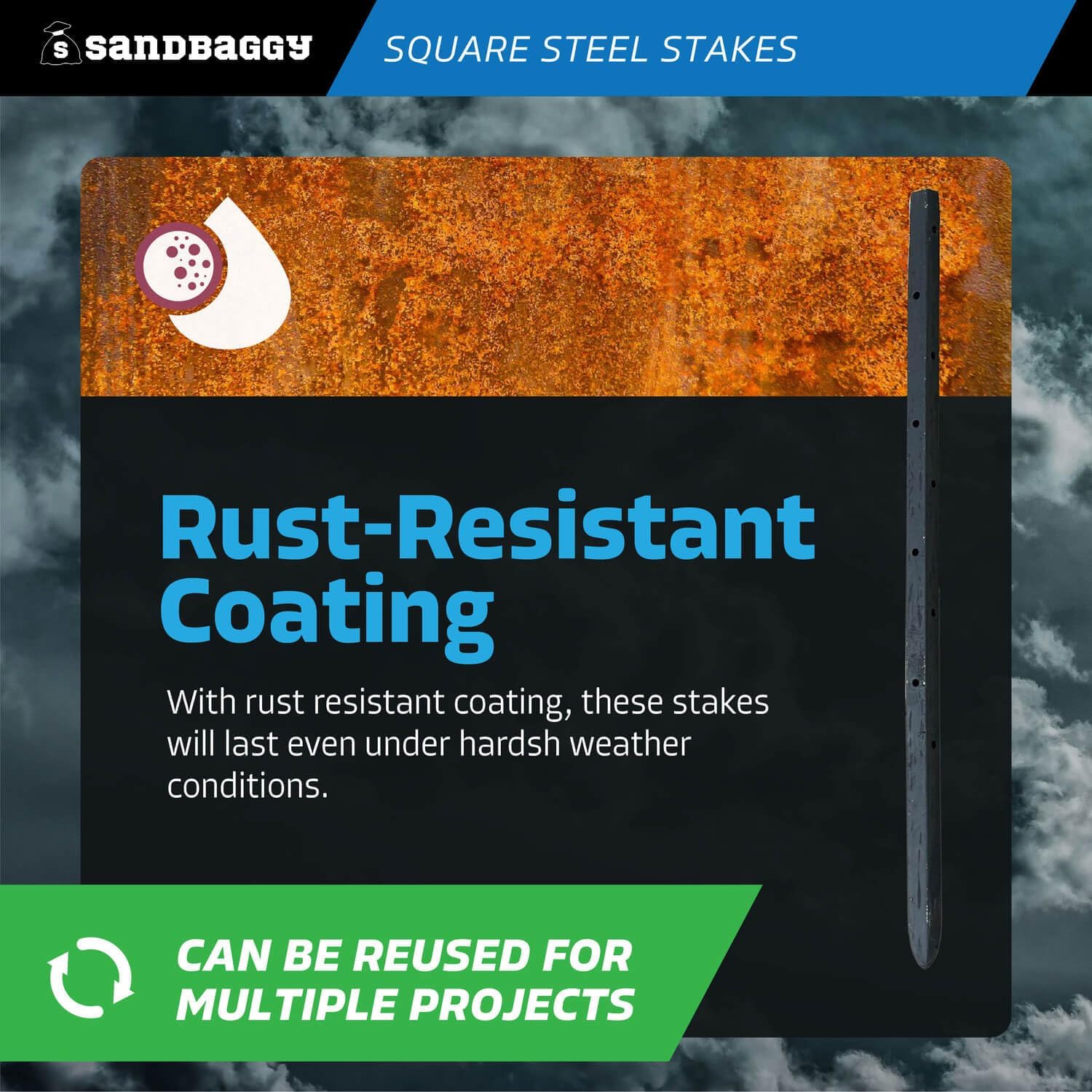 Sandbaggy 18' Square Steel Concrete Form Stakes with Nail Holes - 5/8' Wide - Rust Resistant - Removable/Reusable - Construction Grade Rebar Pins (Square Nail Stakes, 50, Count)