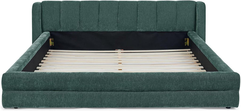 DEINPPA Queen Size Bed Frame with Cloud Soft Headboard, Chenille Upholstered Grounded Wood Base Bed Frame, No Box Spring Needed-Blue+Green