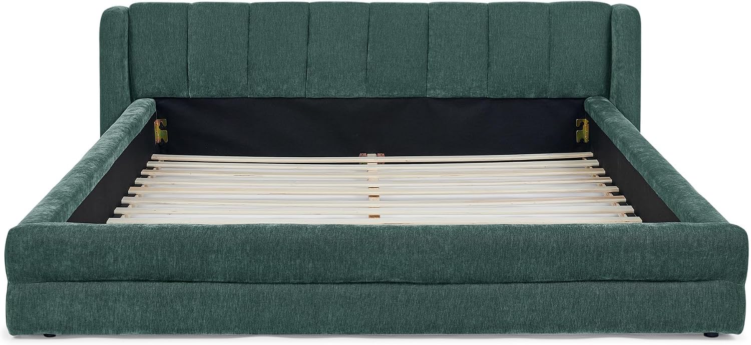 DEINPPA Queen Size Bed Frame with Cloud Soft Headboard, Chenille Upholstered Grounded Wood Base Bed Frame, No Box Spring Needed-Blue+Green