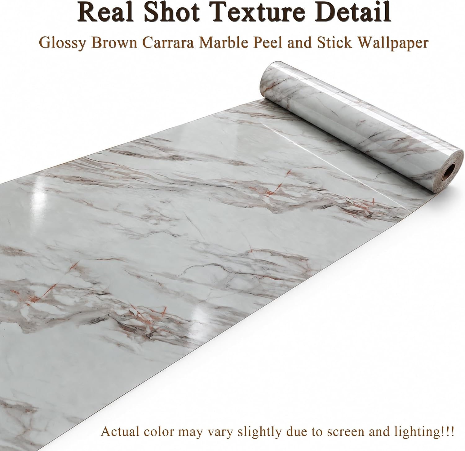 Brown Carrara Marble Peel and Stick Wallpaper, Glossy Texture Vinyl Wall Panels, Waterproof Renter Friendly, 23.6' x 394', TV Accent Wall, Bathroom, Foyer, Coffee Shop Decor