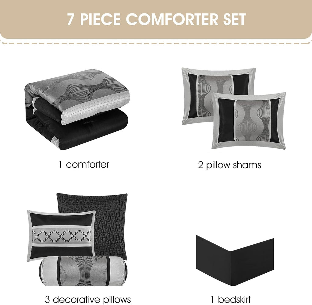 Stratford Park Black and Silver Comforter Set King Size, Elegant 7 Pieces Striped All Season Bedding Set
