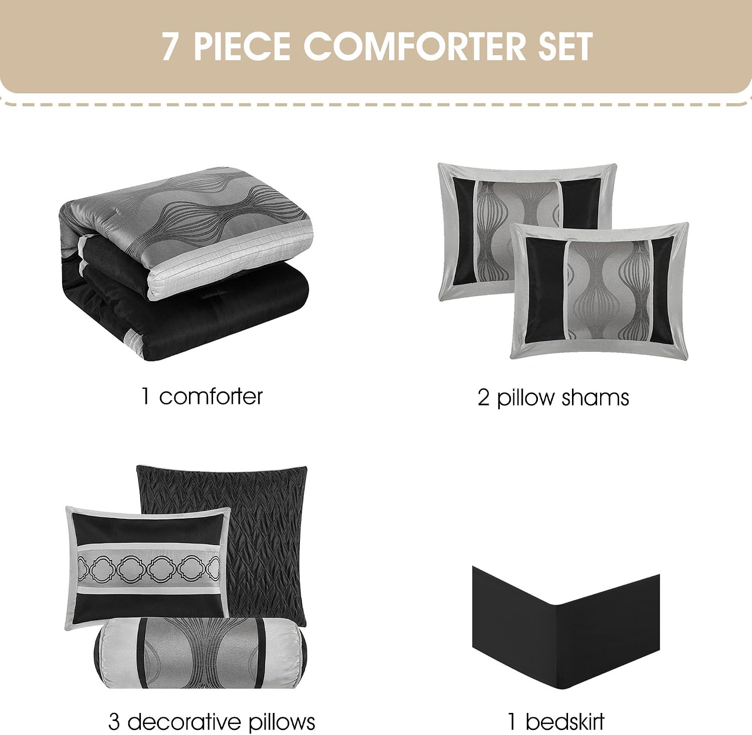 Stratford Park Black and Silver Comforter Set King Size, Elegant 7 Pieces Striped All Season Bedding Set