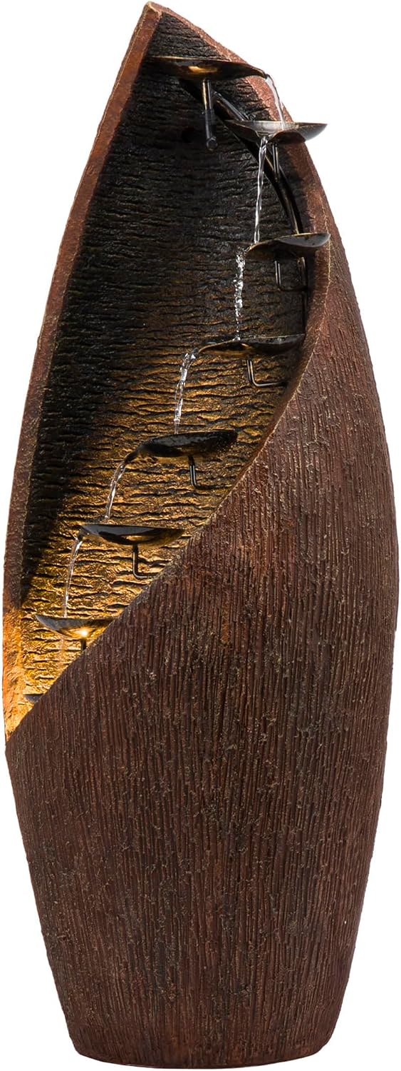 Alpine Corporation 43' Tall Outdoor Floor Contemporary Tiered Bronze Metal Water Fountain with LED Lights, Stylish Outdoor Water Feature for Garden and Patio Decor, Brown