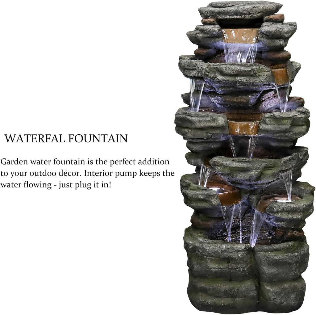 SunJet 47.2' High 6-Tiers Cascading Rock Outdoor Water Fountain with LED Lights - Large Outdoor Fountains and Waterfalls for Garden or Patio, Yard, and Deck Decor, Featuring Natural Stone Look