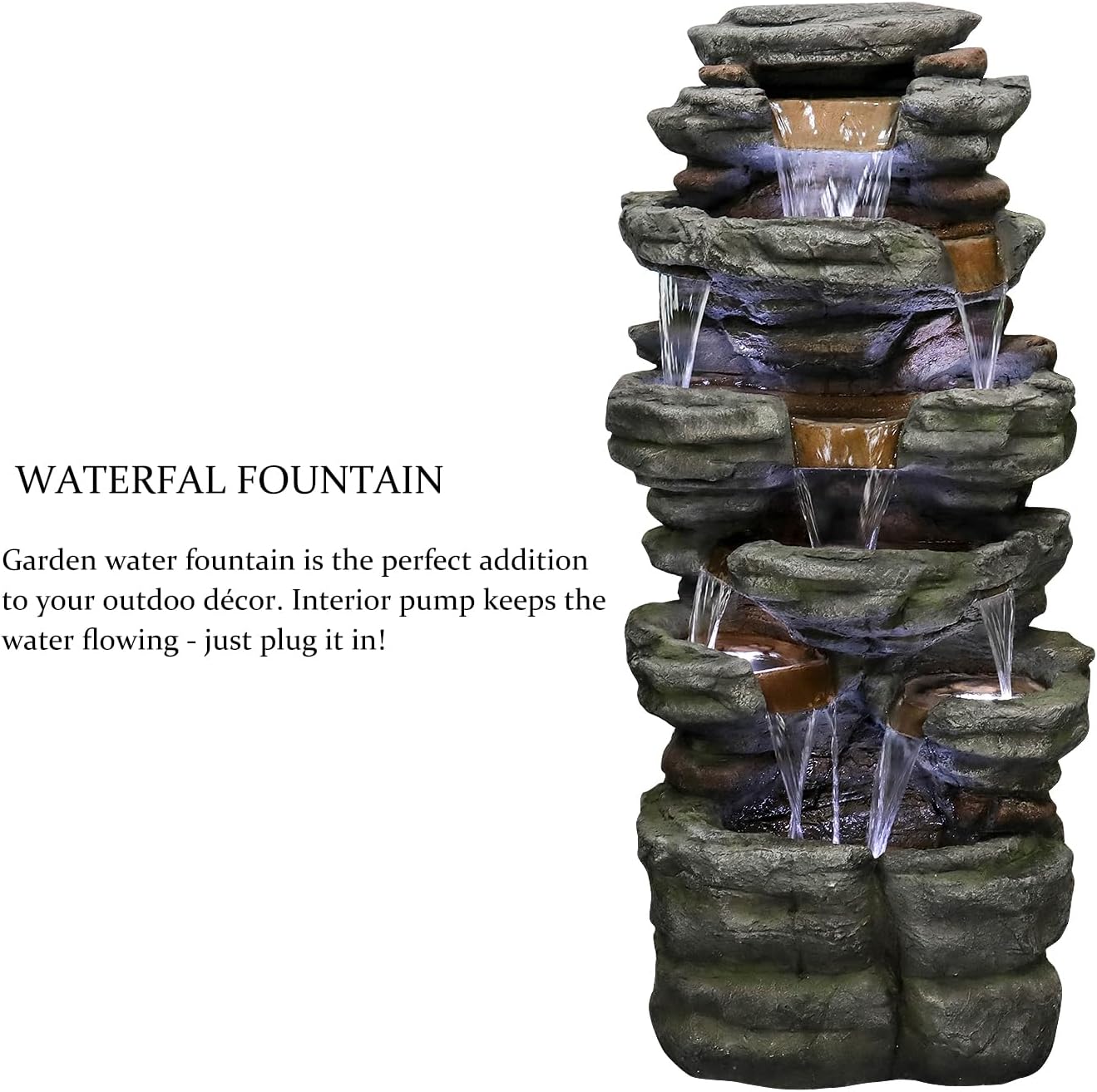 SunJet 47.2' High 6-Tiers Cascading Rock Outdoor Water Fountain with LED Lights - Large Outdoor Fountains and Waterfalls for Garden or Patio, Yard, and Deck Decor, Featuring Natural Stone Look