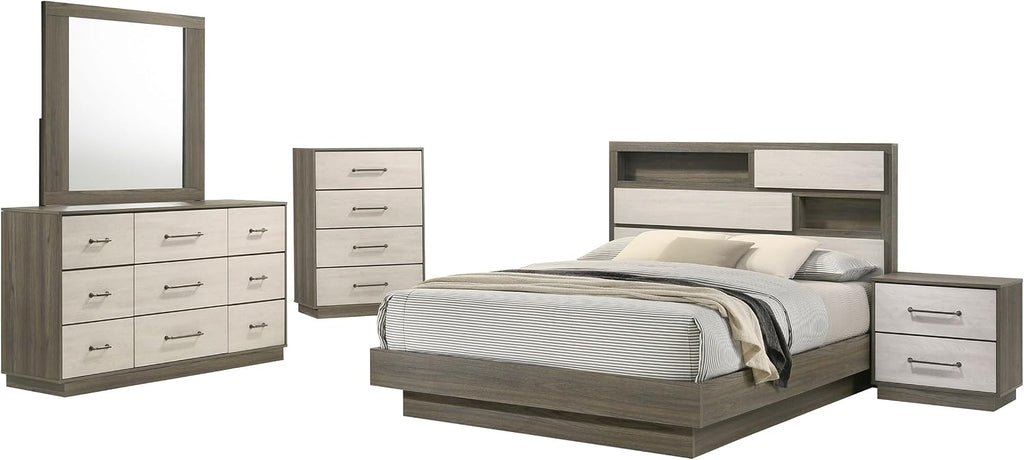 Coaster Home Furnishings Fenwick Contemporary 5-Piece Bedroom Set Queen Size Bookcase Bed Frame 48-inch Headboard Grey Oak/Almond 224981Q-S5
