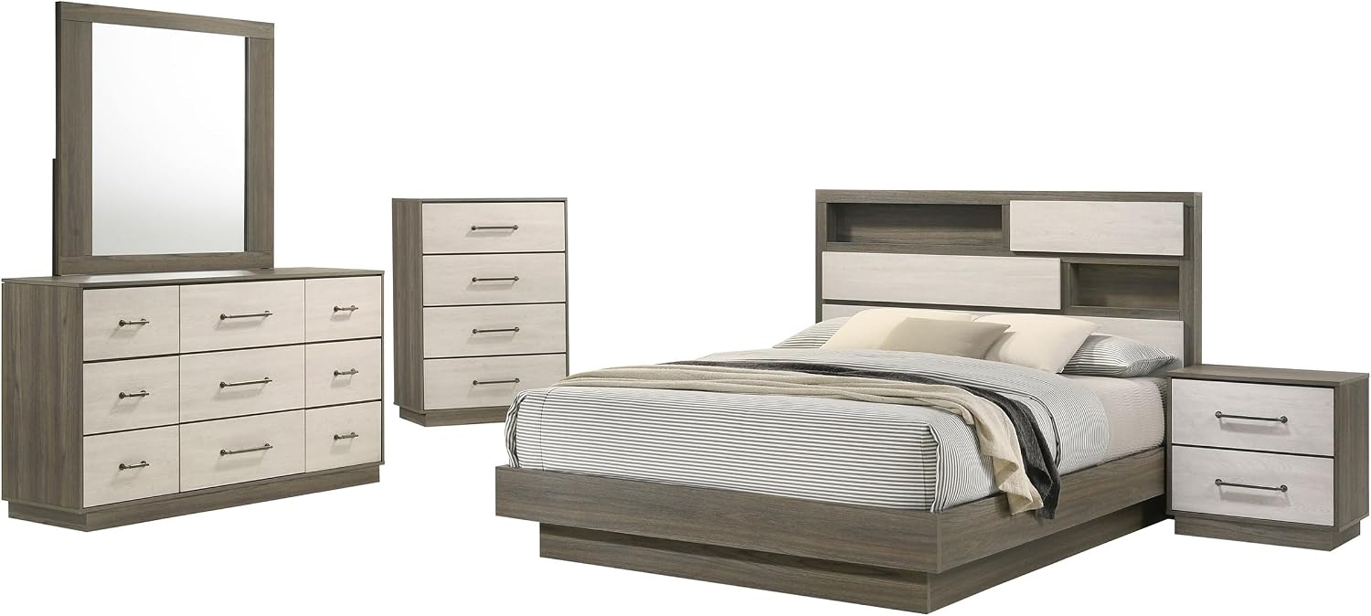 Coaster Home Furnishings Fenwick Contemporary 5-Piece Bedroom Set Queen Size Bookcase Bed Frame 48-inch Headboard Grey Oak/Almond 224981Q-S5