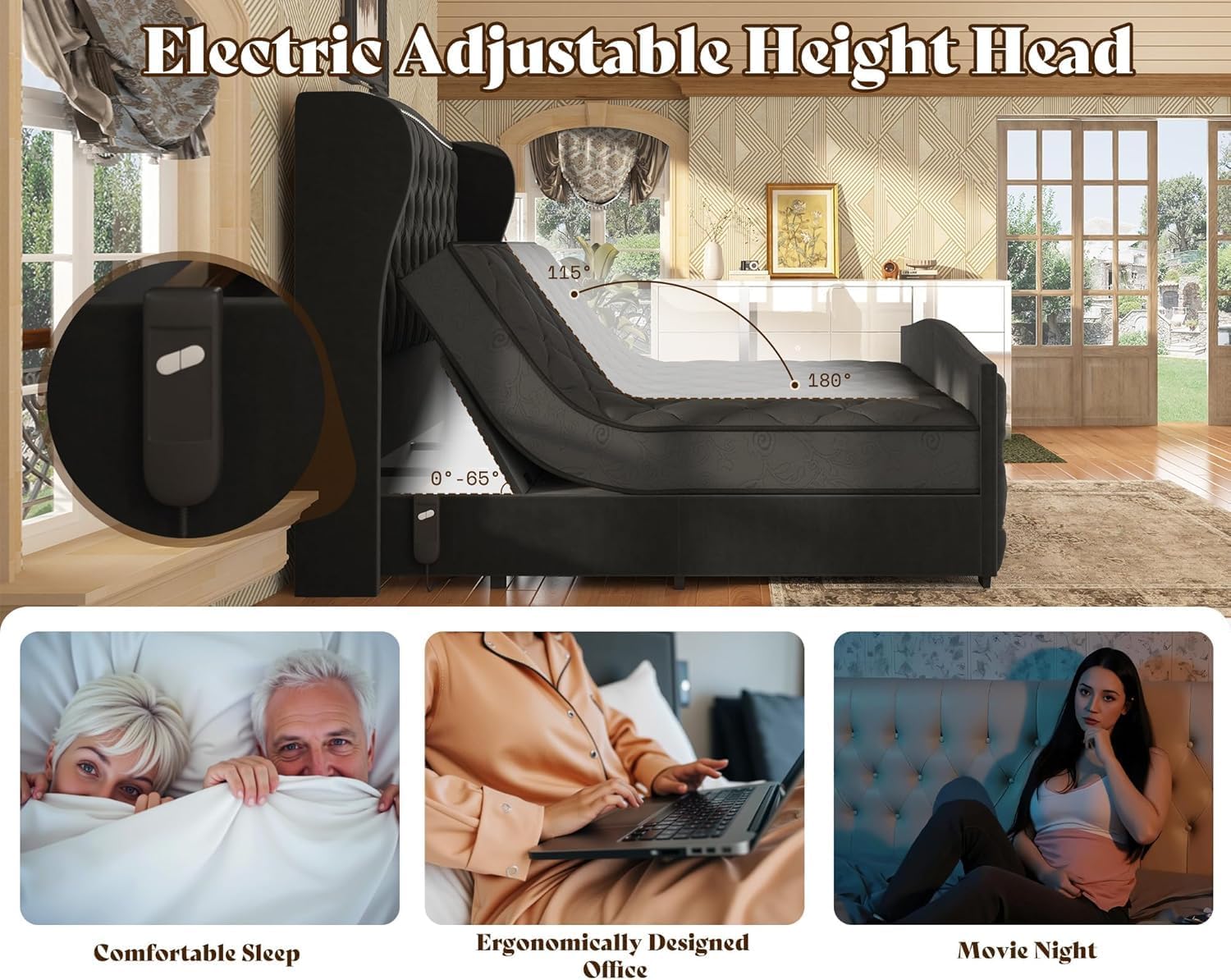 AMERLIFE King Size Adjustable Bed Frame with 51' H Velvet Upholstered and Deep Button Tufted Headboard, Electric Bed with Dual Motor/Nailhead Trim Wingback, No Box Spring Needed, Black