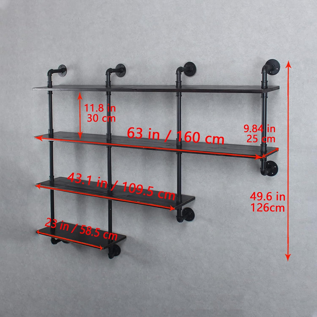 MBQQ 4-Tiers 63inch Industrial Pipe Shelving,Rustic Wooden&Metal Floating Shelves,Home Decor Shelves Wall Mount with Wine Rack,Decorative Accent Wall Book Shelf for Kitchen,Retro Black